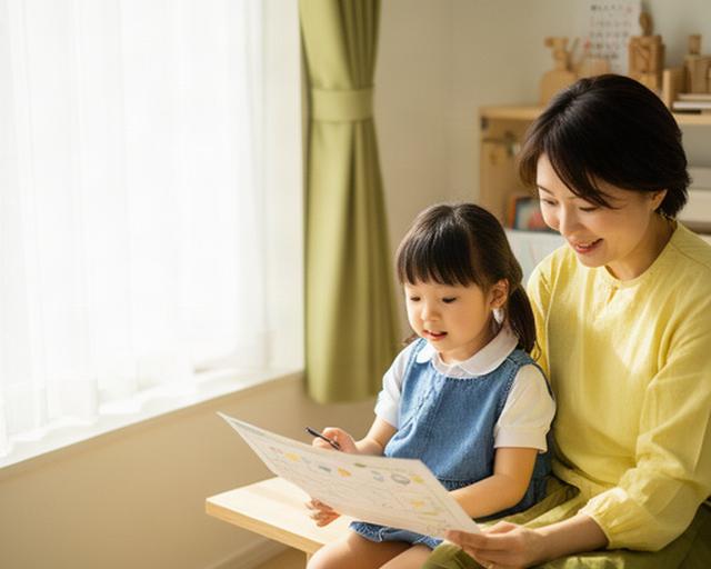 明るい窓辺で子どものノートを一緒に見る保護者と子ども