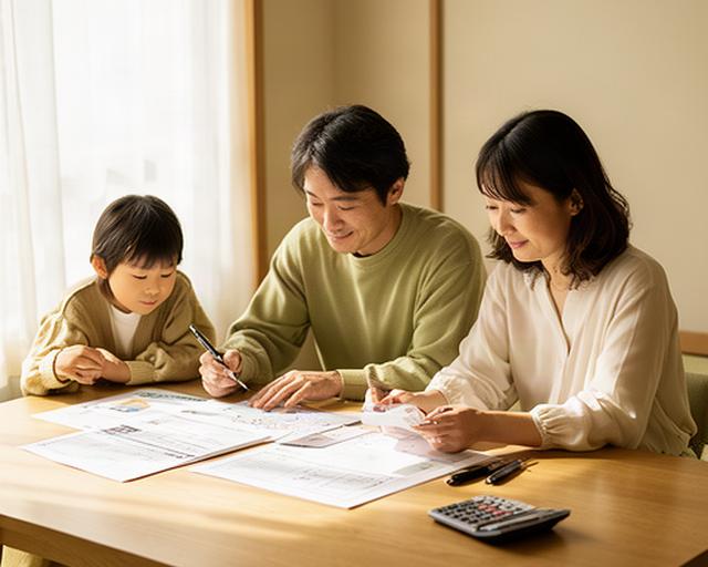 窓辺で家計表と将来計画を確認する日本人の家族