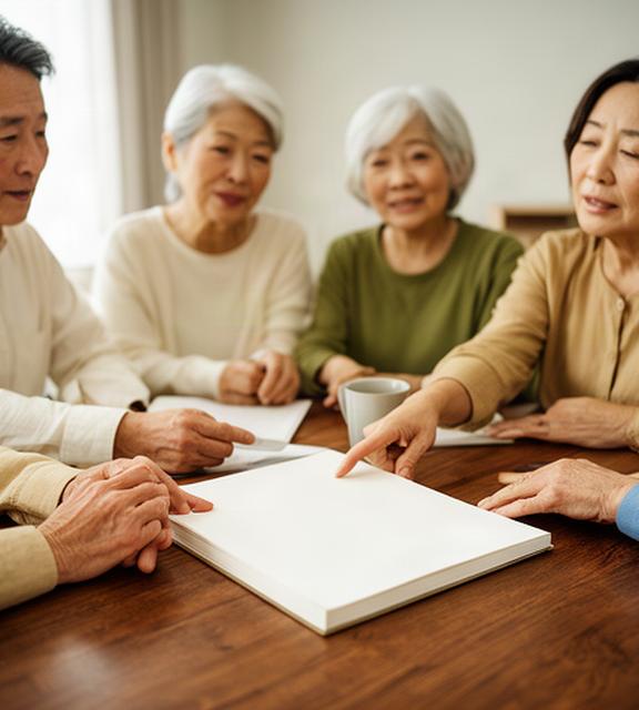 木のテーブルで退職後の資産配分を話し合う家族と手書きの計画ノート