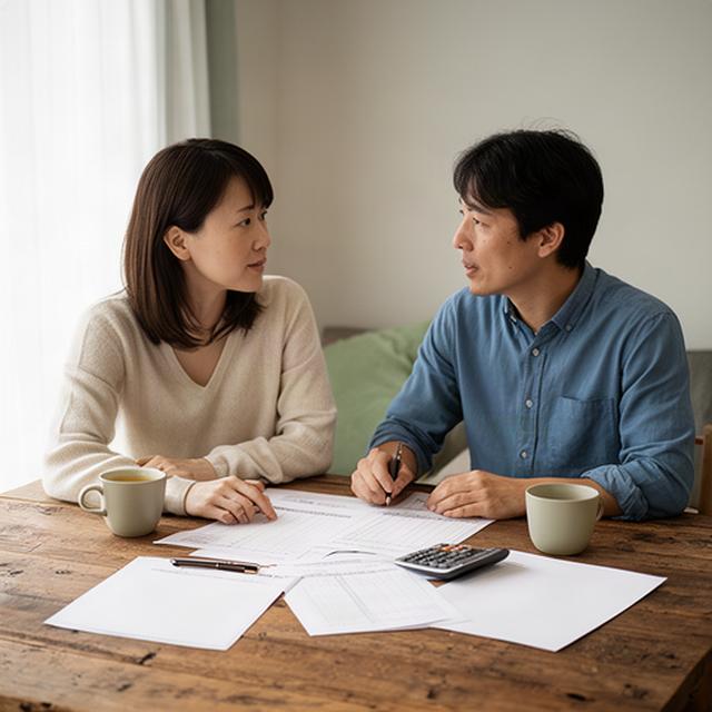 木のテーブルで夫婦が資産形成の資料を見ながら話し合う様子