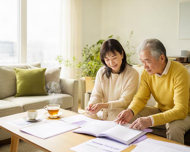 窓辺で老後の家計表を確認する夫婦と、落ち着いた明るいリビング