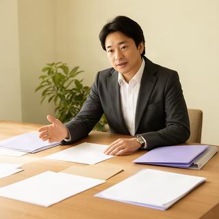 資料を広げて税務相談に応じる税理士