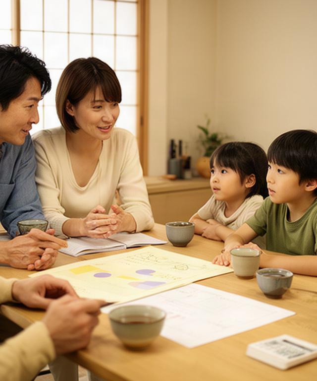 食卓で家族が教育費の計画表を見ながら話し合う様子